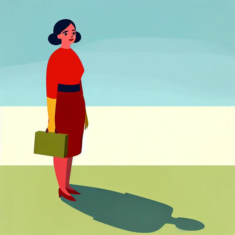 Minimalistische illustratie van een jonge vrouw die zelfverzekerd haar eerste werkdag begint, met een felgekleurd outfit en een kleine aktetas, symbool voor zelfvertrouwen en prestatie