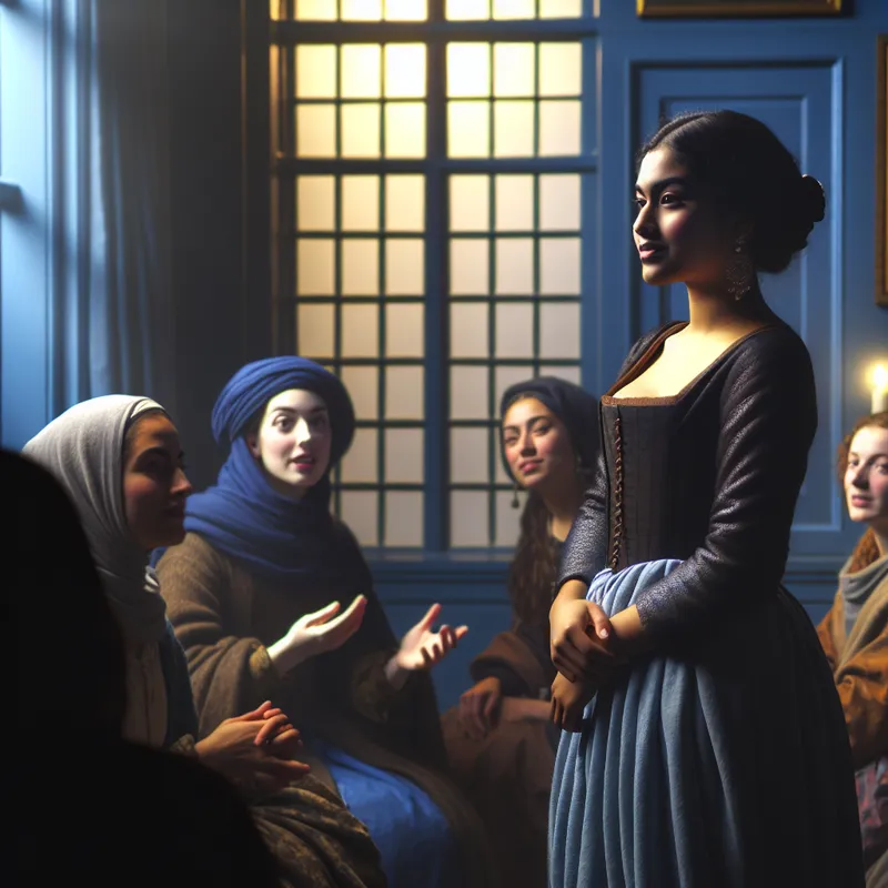 Jonge vrouw toont zelfvertrouwen tijdens een gesprek in een rustige, verlichte kamer in Vermeer-stijl