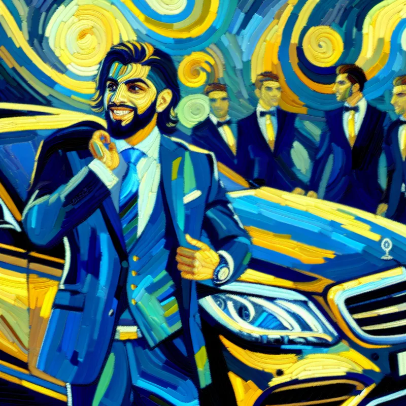 Een zelfverzekerd persoon staat trots naast een luxe auto, omringd door vrienden die hun rijkdom bewonderen.