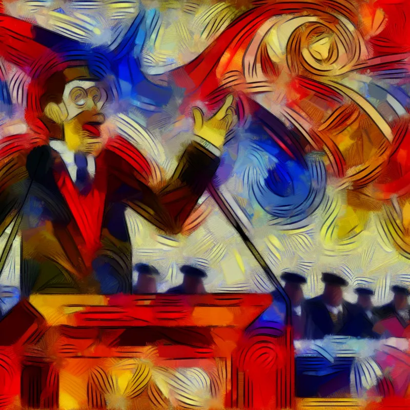 Abstracte weergave van een zelfverzekerd persoon die spreekt aan een podium in een levendige kamer, omringd door kleurrijke penseelstreken.