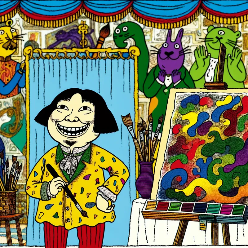 Cartoon van een zelfverzekerde kunstenares genaamd Sophie voor een kleurrijk canvas met abstracte vormen, omringd door juichende karakters.