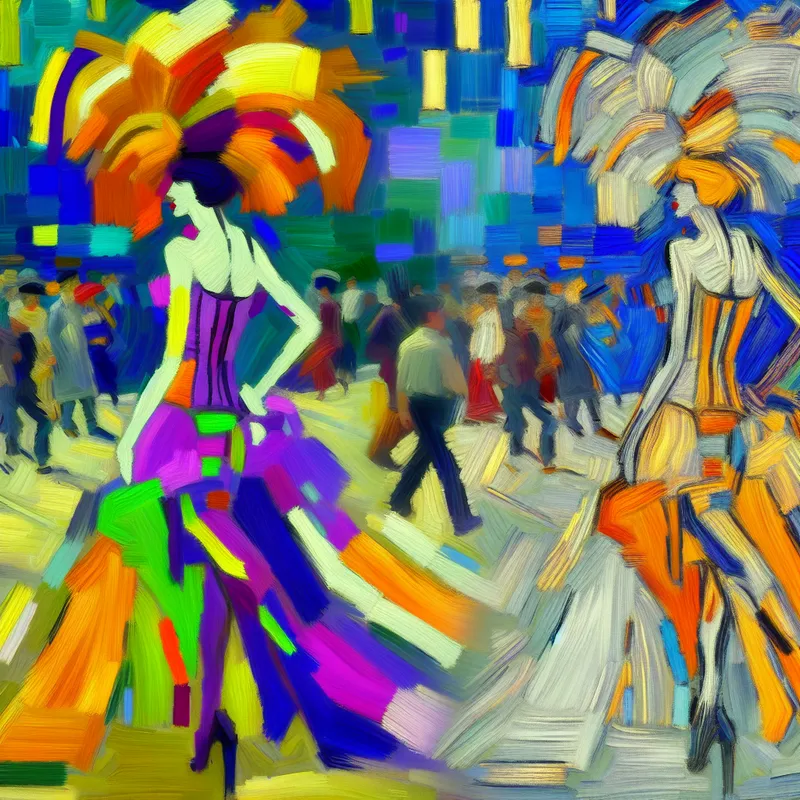 Abstract expressionist afbeelding van een zelfverzekerd persoon met luxueus haar die door een levendige straat loopt, omringd door chaotische, kleurrijke penseelstreken.