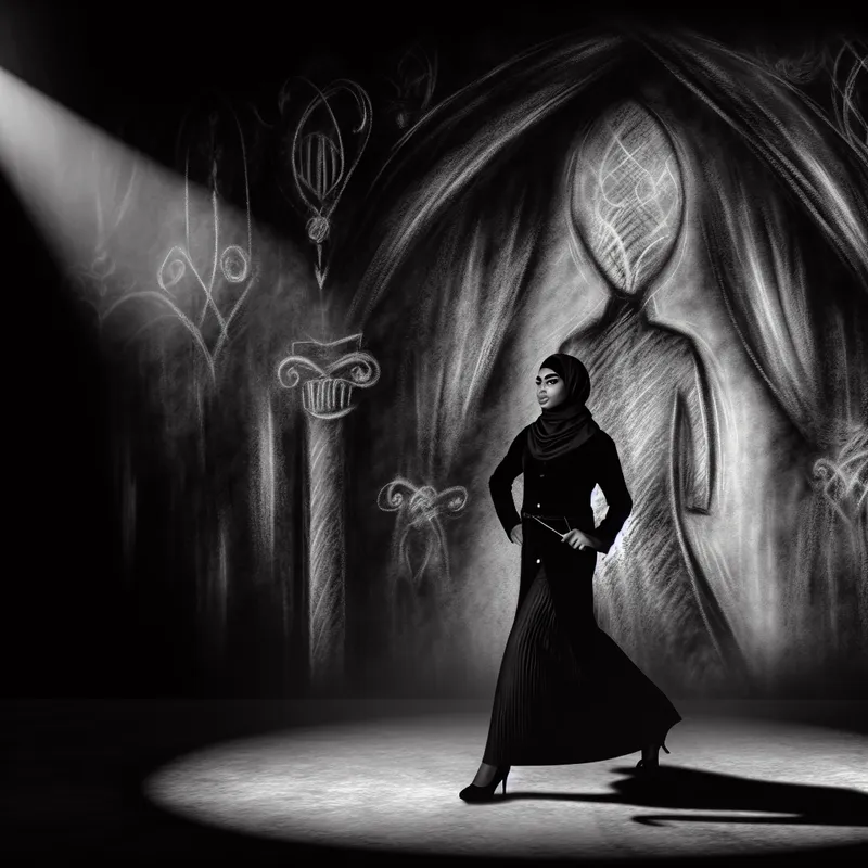 Een zelfverzekerd persoon die over een zwak verlichte podium loopt met een elegante uitstraling.