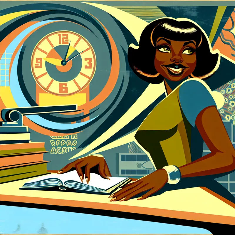 Een zelfverzekerde jonge vrouw zit aan een strak bureau met een glimlach, klaar om haar examen te maken; een klok op de achtergrond geeft de tijd van het examen aan.