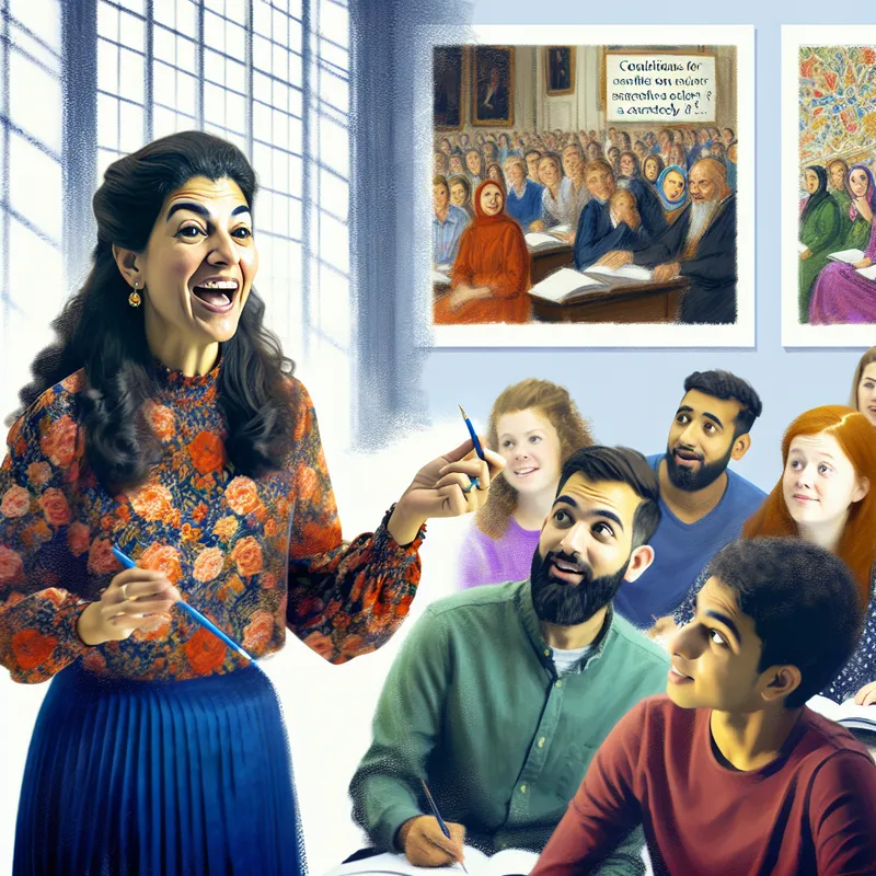 Een zelfverzekerde studente legt haar antwoord uit aan de leraar en klasgenoten, wijzend naar een poster over de voorwaarden voor een juiste beantwoording.