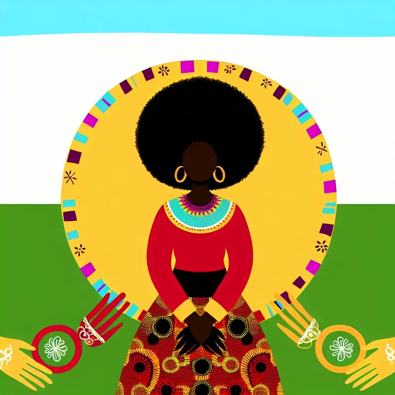 Een zelfverzekerde vrouw met een afro-kapsel, gekleed in traditionele Afrikaanse kledij, omringd door symbolen van kracht en gemeenschap.