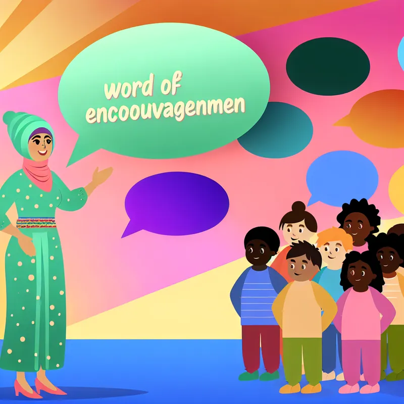 Een zelfverzekerde vrouw spreekt bemoedigende woorden tot een groep nieuwsgierige kinderen, omringd door kleurrijke spraakballonnen met motiverende zinnen.