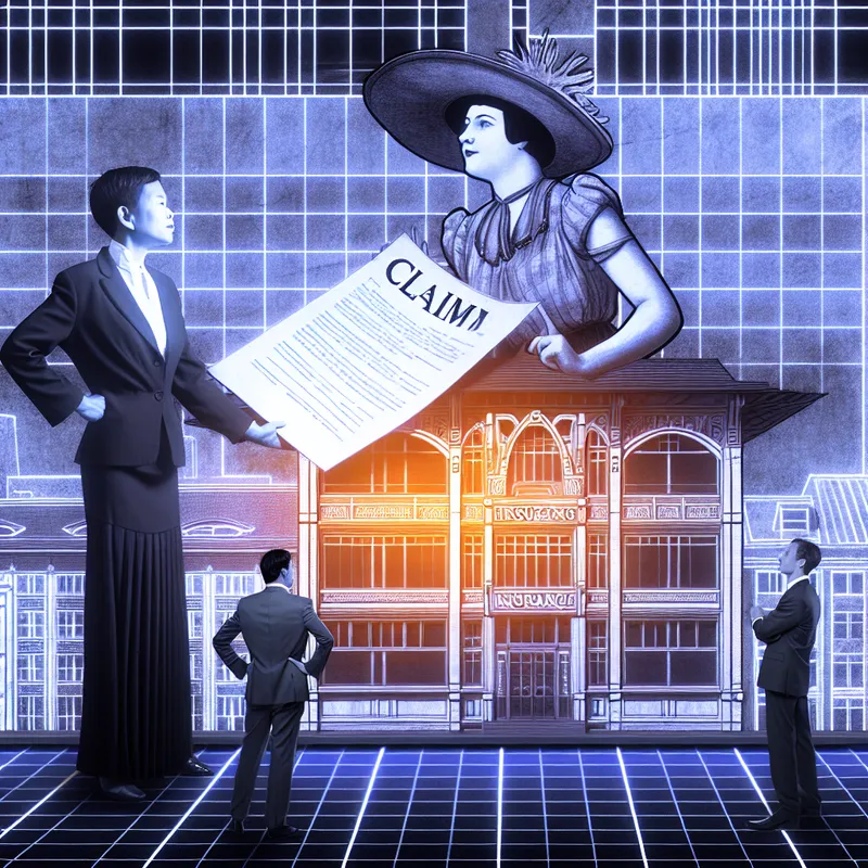 Een zelfverzekerde vrouw in een zakelijk kostuum, wijzend op een document voor een retro-futuristisch verzekeringsgebouw.