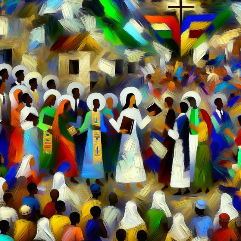 Abstract expressionistisch schilderij van missionarissen die het christendom verspreiden in een dynamische compositie met felle kleuren en symbolische elementen zoals kruisen en bijbels