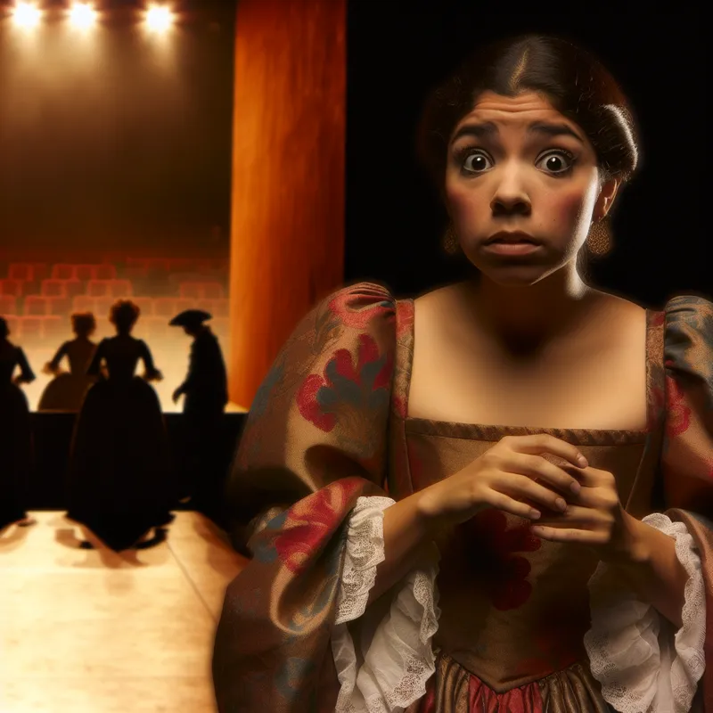 Een zenuwachtige jonge vrouw backstage, met trillende handen en een bezorgde uitdrukking, terwijl ze zich voorbereidt om op het podium te gaan.