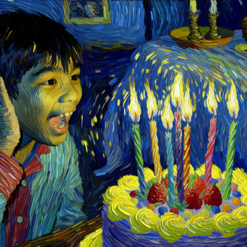 Jong kind blaast zes kaarsjes uit op een kleurrijke verjaardagstaart in Van Gogh-stijl, zesde verjaardag viering