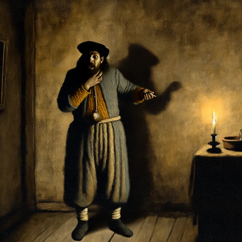 Persoon in Rembrandt-stijl met kaarslicht, gefrustreerd en verward een vergeten voorwerp vasthoudend, illustratie van informeel Nederlands scheldwoord 'zes' voor dom of onhandig persoon