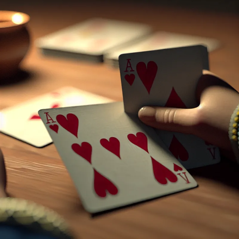 Speelkaart zes van harten vastgehouden door een hand tijdens een kaartspel, Vermeer-stijl met zachte belichting en realistische details