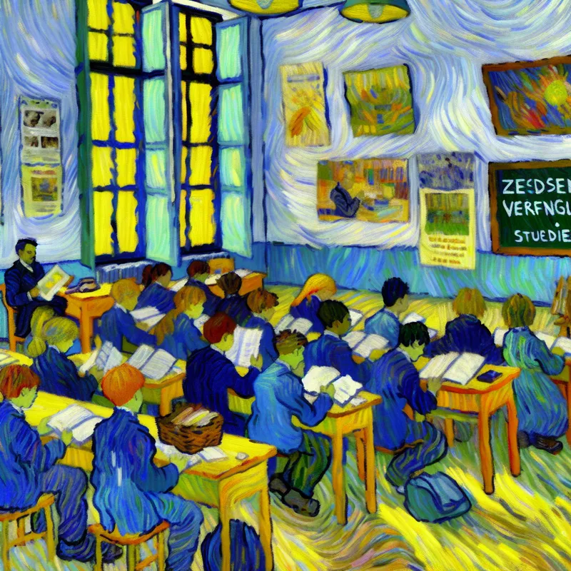 Leerlingen in het zesde jaar basisonderwijs bespreken vervolgstudies in een levendige klas met Van Gogh-stijl schilderkunst