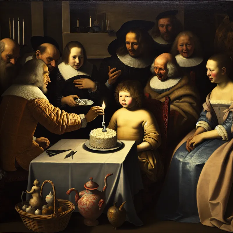 Jongeman viert zijn zestiende verjaardag in een 17e-eeuws Hollands interieur met familie, een taart met één kaars vasthoudend