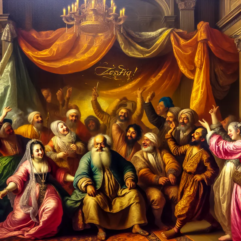 Barokke verjaardagsscène met een levendige familie die een zestigste verjaardag viert, met een gouden 'Zestig!' banner