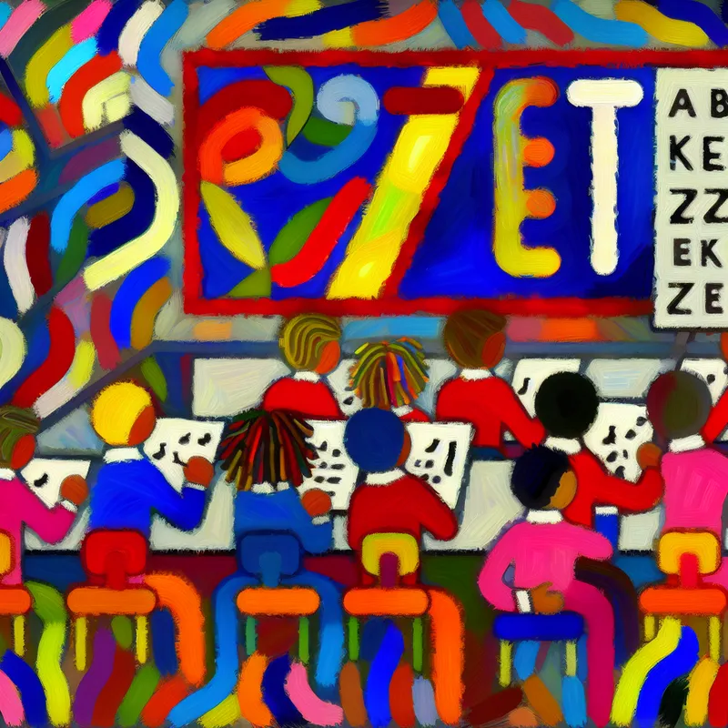 Een levendig, abstract klaslokaal met een kleurrijk poster waarop het woord 'ZET' prominent is weergegeven, omringd door diverse, enthousiaste studenten van verschillende leeftijden en etniciteiten die leren met educatief materiaal.