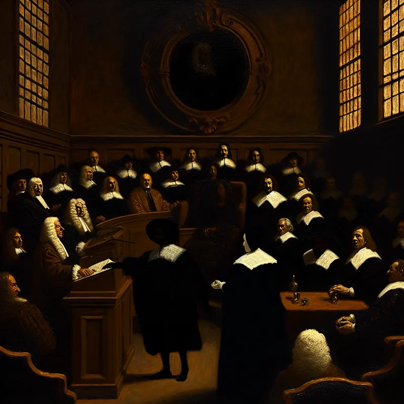 17e-eeuwse Nederlandse politieke ceremonie waarin een nieuwe functionaris zijn zetel inneemt in een raadskamer, geschilderd in Rembrandt-stijl met dramatisch clair-obscur