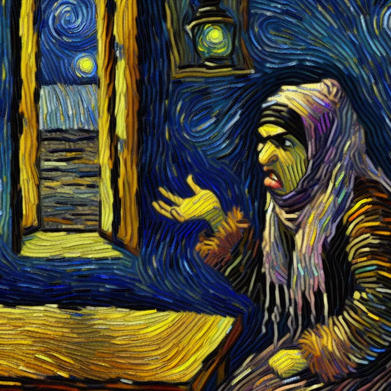 Persoon die zeurt aan een houten tafel in een gezellige kamer met Van Gogh-stijl, ontevreden gezichtsuitdrukking en regen buiten