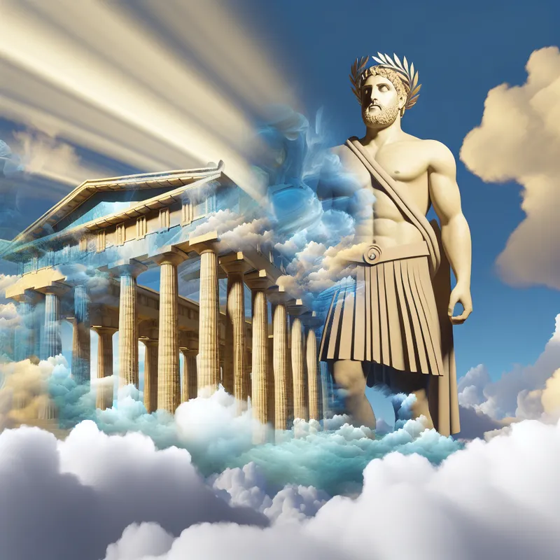 Hyper-realistische afbeelding van Zeus, de Griekse god, in traditionele Griekse wapenrusting op de top van de Olympus.