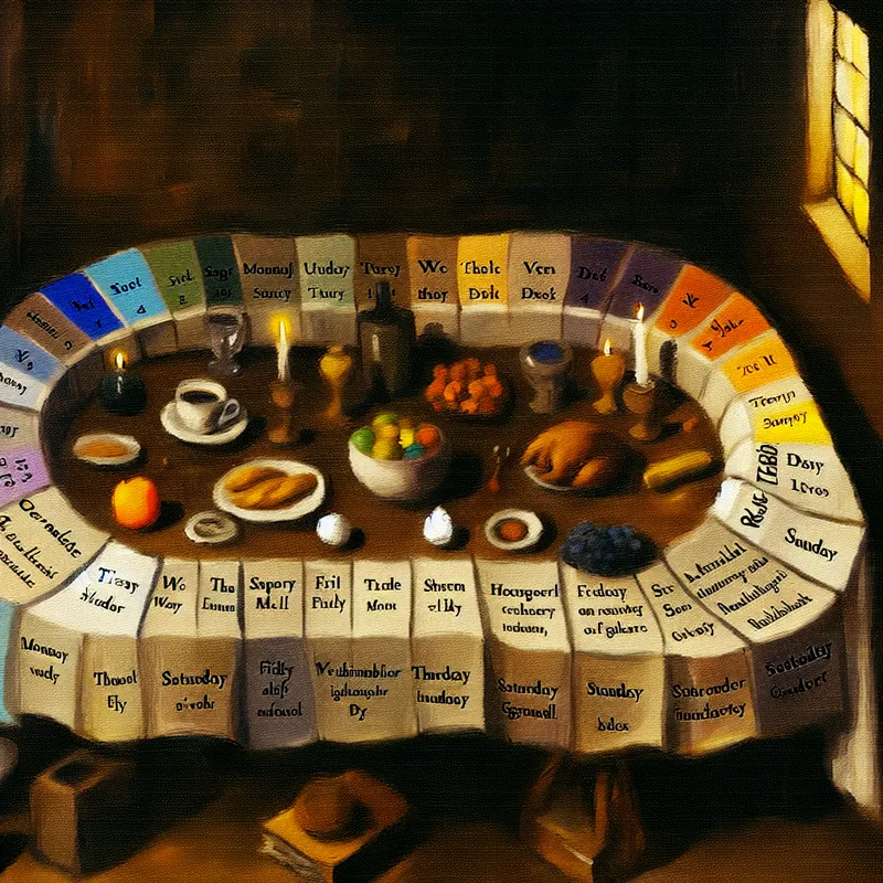 Illustratieve tafel met de zeven dagen van de week, elk gemarkeerd met elegante schrift.