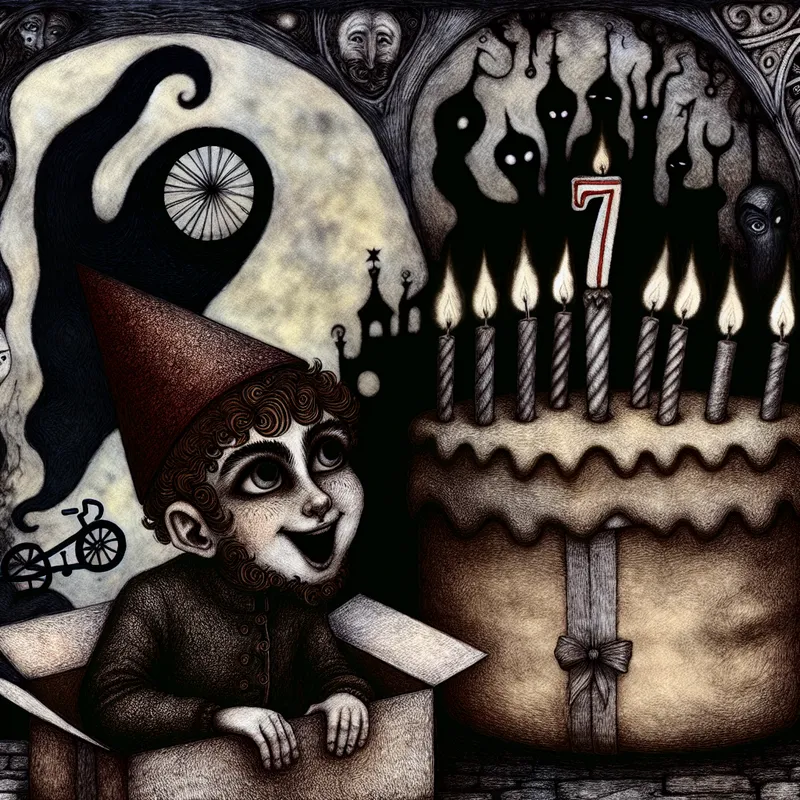 Illustratie van een zevenjarige jongen op zijn verjaardag bij een grote taart met zeven kaarsen, omringd door schimmige figuren die verschillende leeftijden voorstellen.