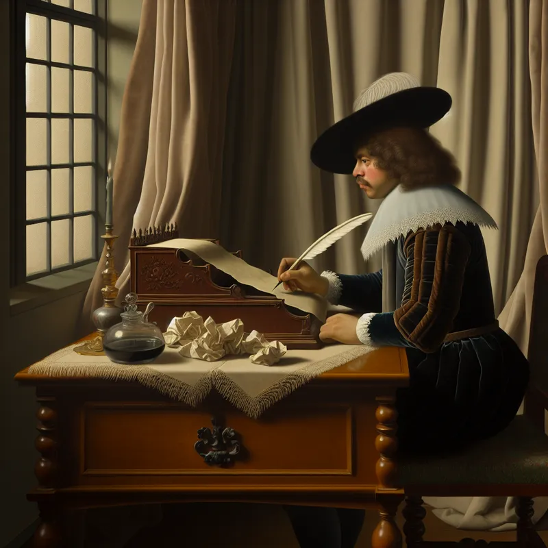 Een persoon in 17e-eeuwse kleding schrijvend aan een houten bureau met een ganzenveer, omgeven door delicate stoffen.