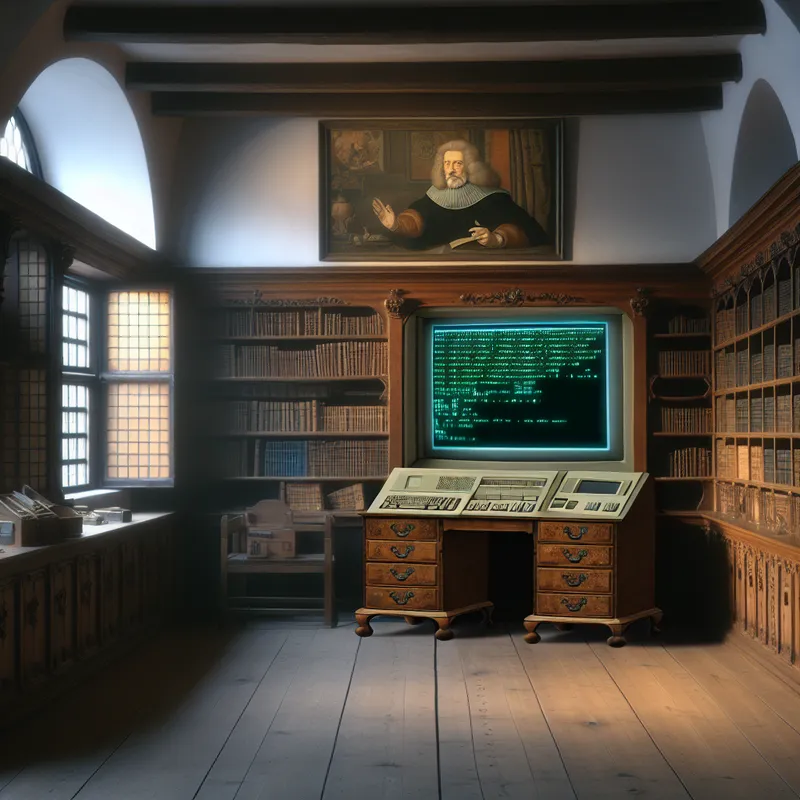 Een klassiek 17de-eeuws Nederlands studeerkamer met een houten bureau en een open computer die de BIOS-interface toont.