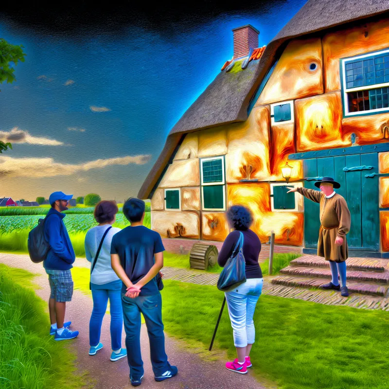 Een prachtig bewaarde 17e-eeuwse boerderij in groene velden met traditionele Nederlandse architectuur en een rondleider voor nieuwsgierige toeristen.