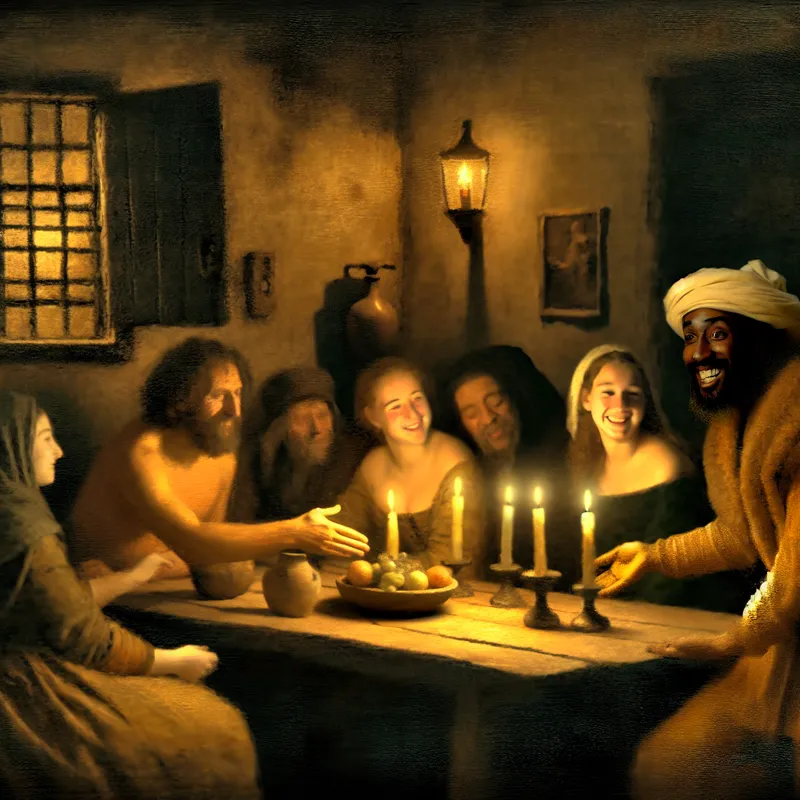 Gezellige groep mensen die zich aansluit bij een warm verlichte tafel in een sfeervolle kamer, met uitgestoken hand als teken van meedoen en verbondenheid