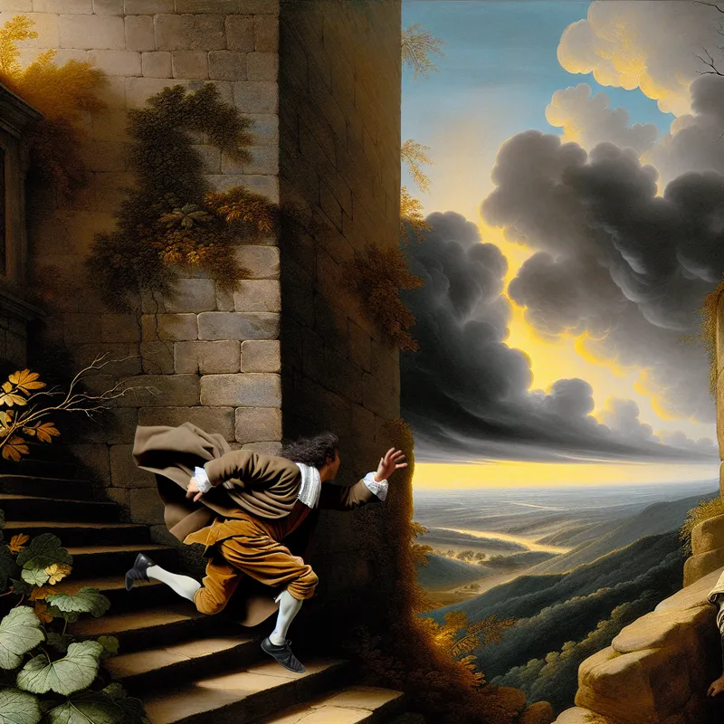 17e-eeuwse Nederlandse landschapsschildering met een man die zich haast op een stenen trap, dramatische lucht met gouden licht en wolken