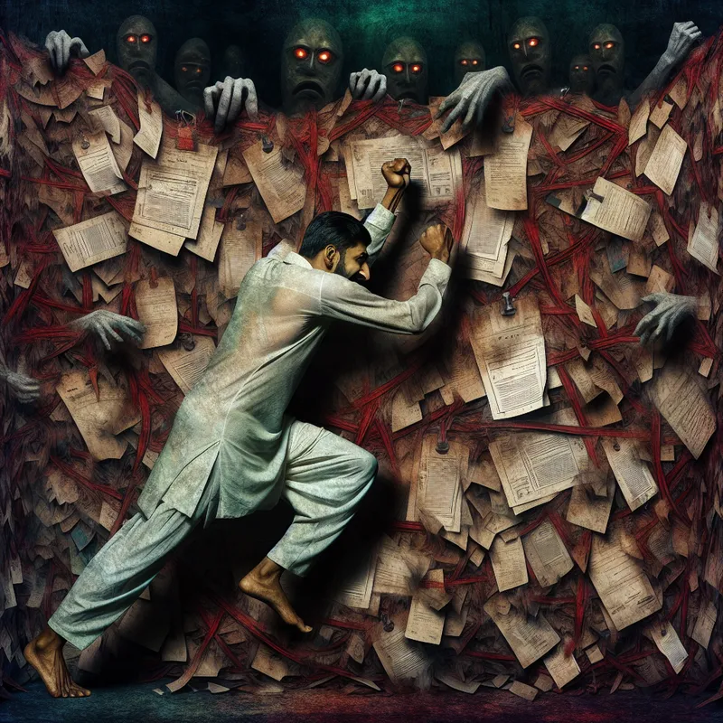 Persoon worstelt zich door een muur van bureaucratische rompslomp en rode tape in donkere, symbolische illustratie