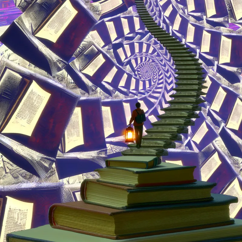 Surrealistische trap van boeken en code met persoon die zich specialiseert, geïnspireerd op M.C. Escher