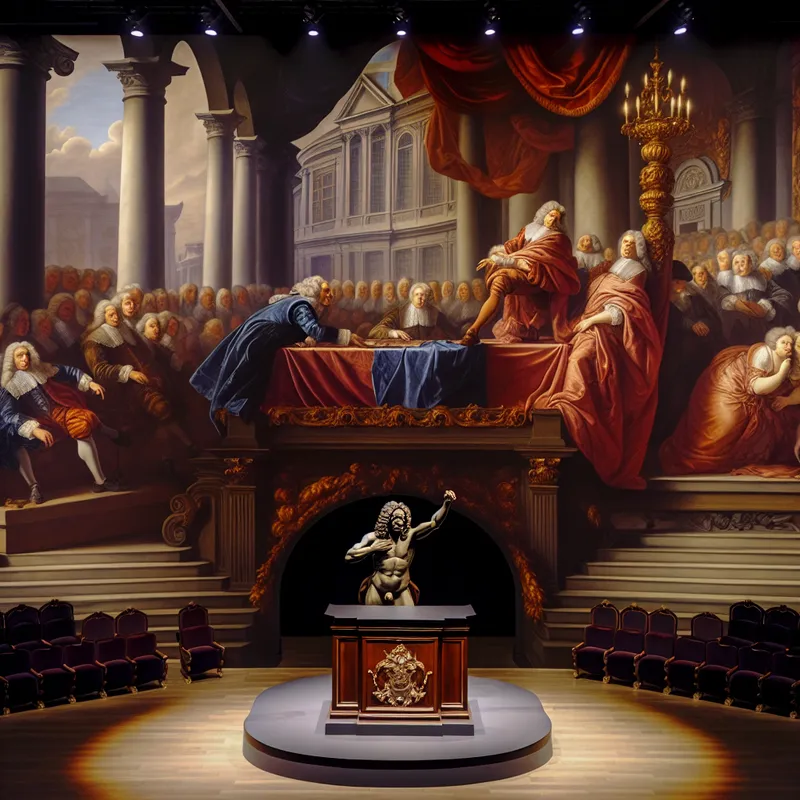 Barokke voorstelling van een krachtige spreker die zich uitlaat over een onderwerp in een weelderige zaal met aandachtige toehoorders