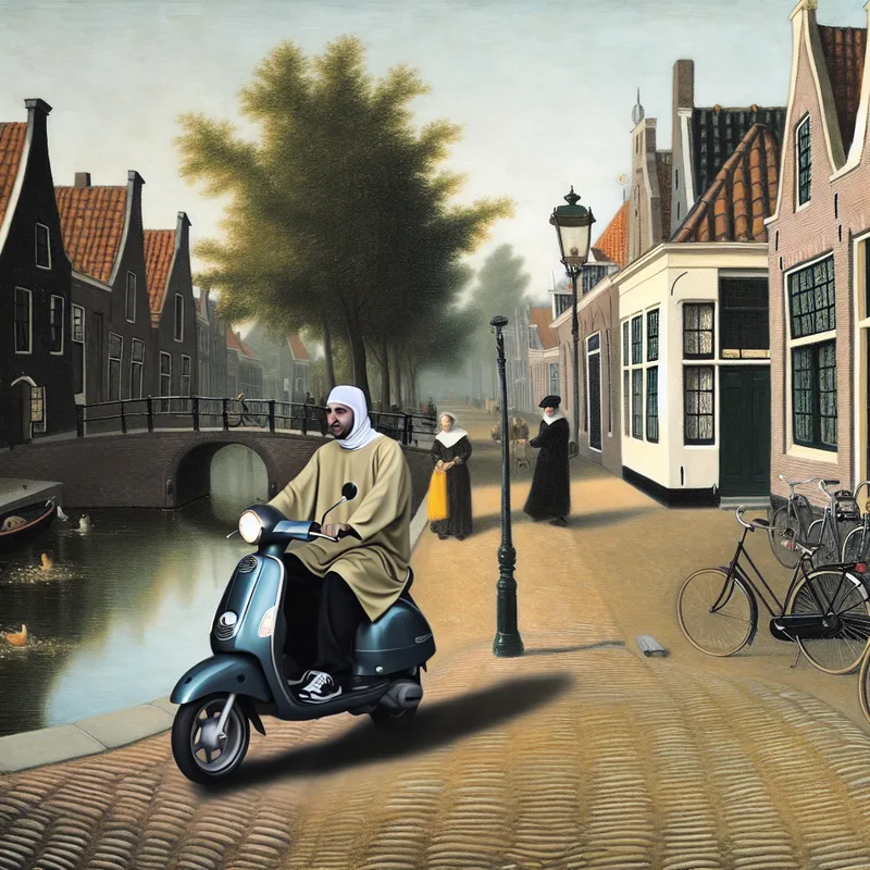 Persoon rijdt ontspannen op een scooter door een rustige Nederlandse straat in de stijl van Vermeer, met zachte belichting en historische details