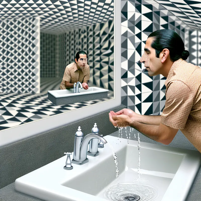 Surrealistische badkamerscène in de stijl van M.C. Escher met een man die zijn gezicht wast bij een wastafel met geometrische tegelpatronen en optische illusies