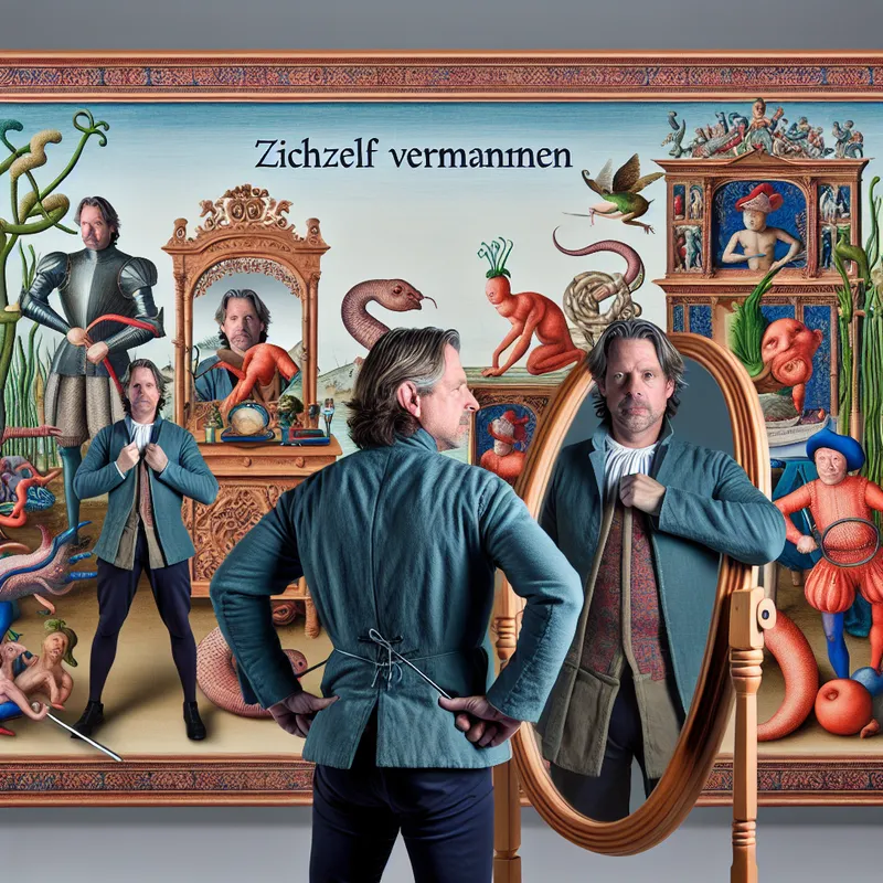 Een man bereid zich voor op een moeilijke conversatie voor een grote, versierde spiegel, omringd door bizarre wezens die zijn angsten representeren.