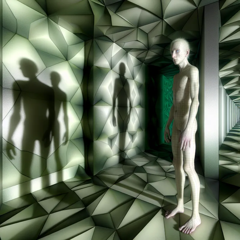 Surrealistische voorstelling van een zwak en ziek persoon in een onmogelijke gang, geïnspireerd op M.C. Escher, met een bleke, bijna doorschijnende huid en vervagende schaduwen