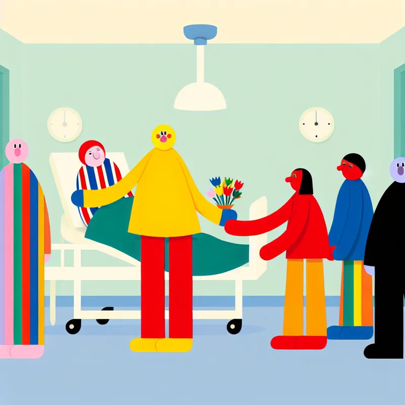 Minimalistische illustratie van een gezellig ziekenbezoek met vrolijke figuren rond een patiënt in een pastelkleurige ziekenhuiskamer