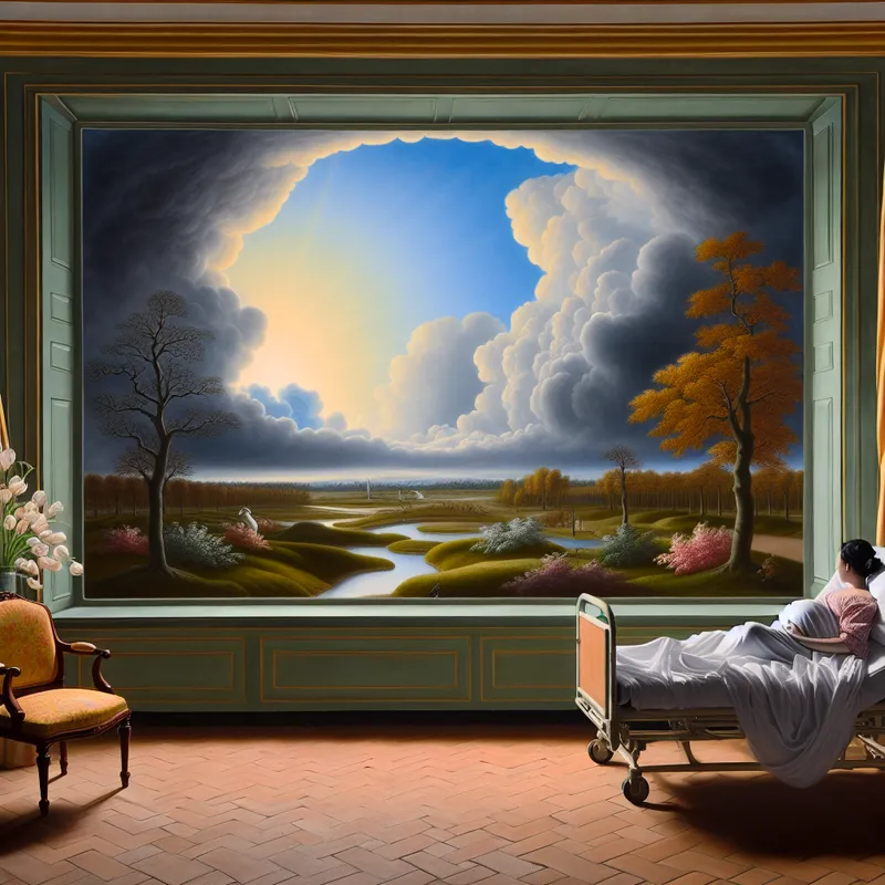 Zicht op een vrouw in een ziekenhuisbed, omgeven door bloemen en zachte dekens, met een dramatische lucht en bloeiende natuur op de achtergrond.