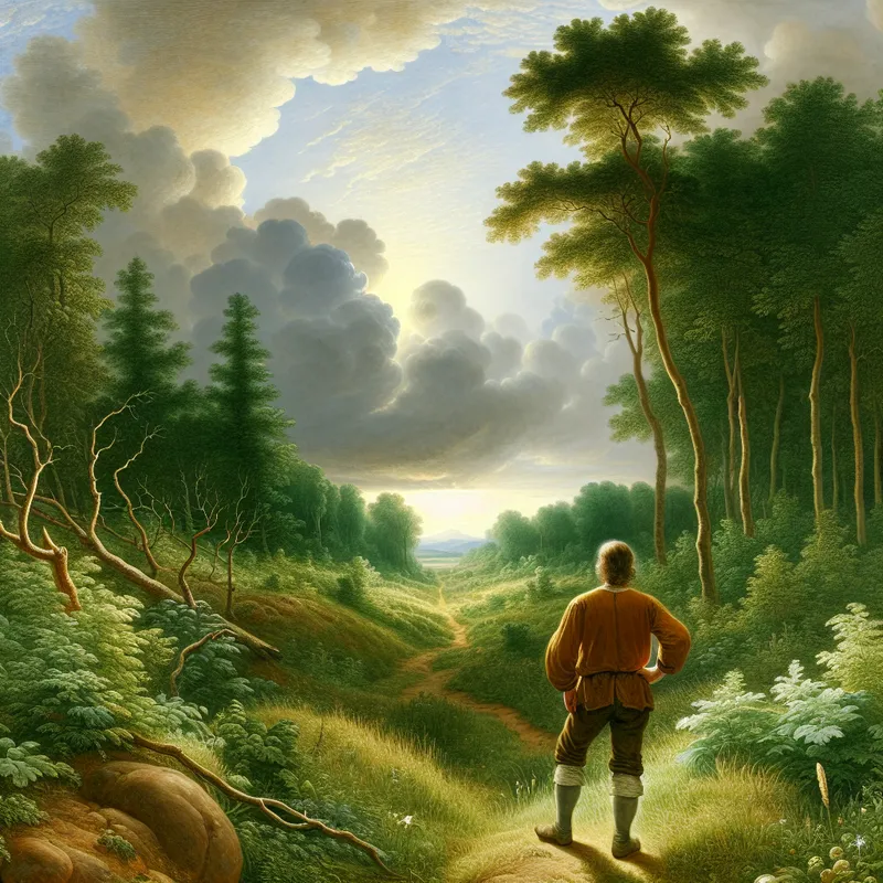 Persoon kijkt verlangend naar een bospad in een majestueus landschap, zin hebbend om te wandelen