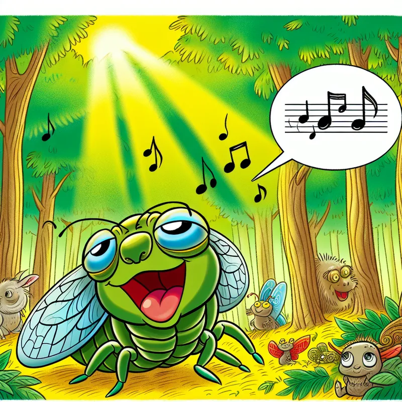 Een cartoonachtige tekening van een zingende cicade in een zonovergoten bos tijdens de zomer.