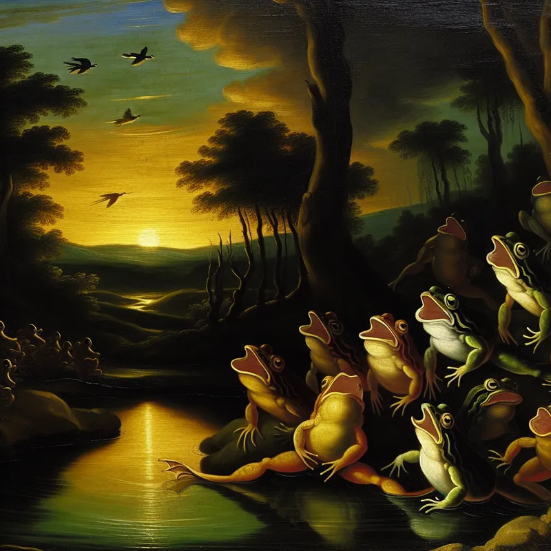 Een levendige Barok scène met zingende kikkers aan de oever van een serene vijver tijdens zonsondergang.