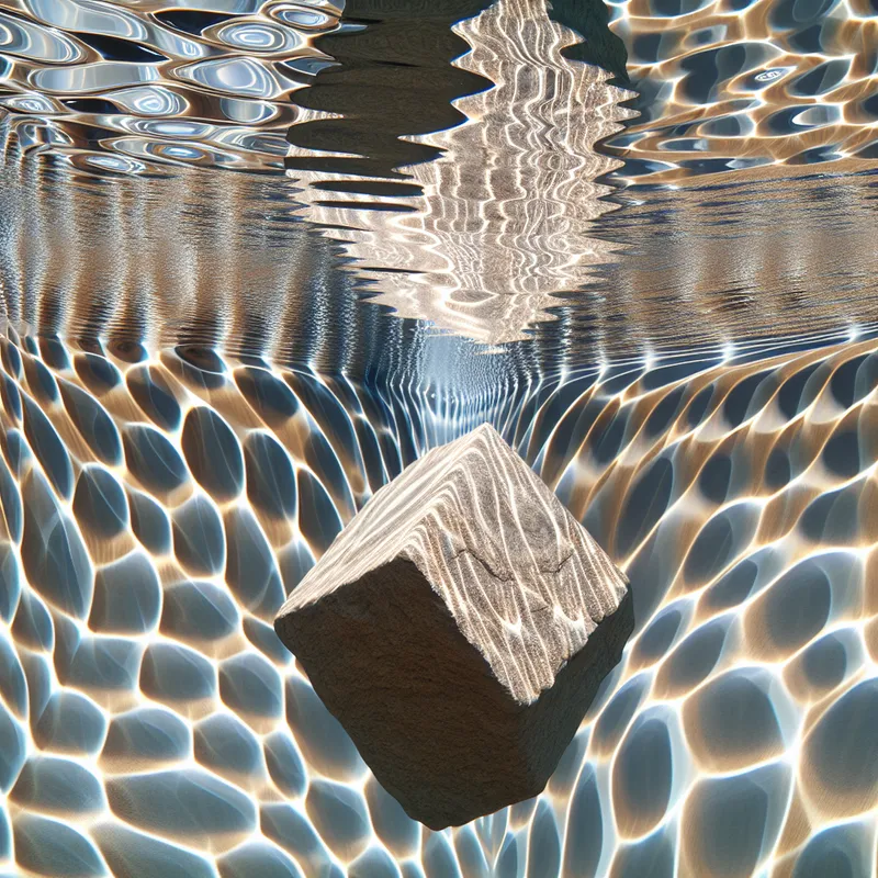 Een surrealistisch beeld van een grote steen die in een heldere vijver zinkt, omringd door golven en geometrische patronen.