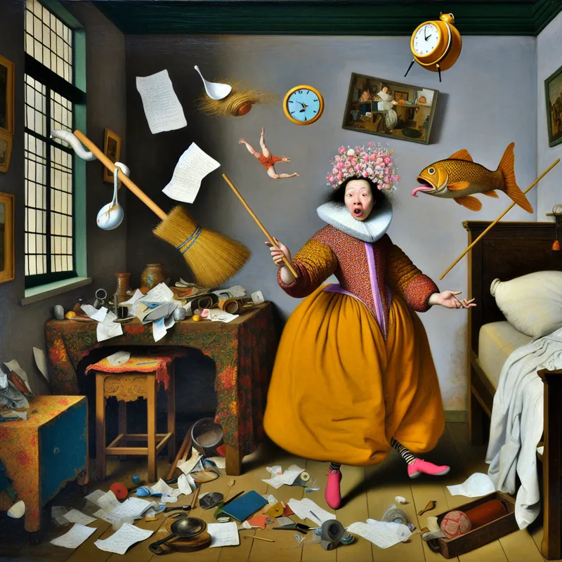 Schilderij in de stijl van Frans Hals van een persoon die zinloos gedrag vertoont door voorwerpen zoals een bezem, vis en klok te jongleren in een rommelige kamer