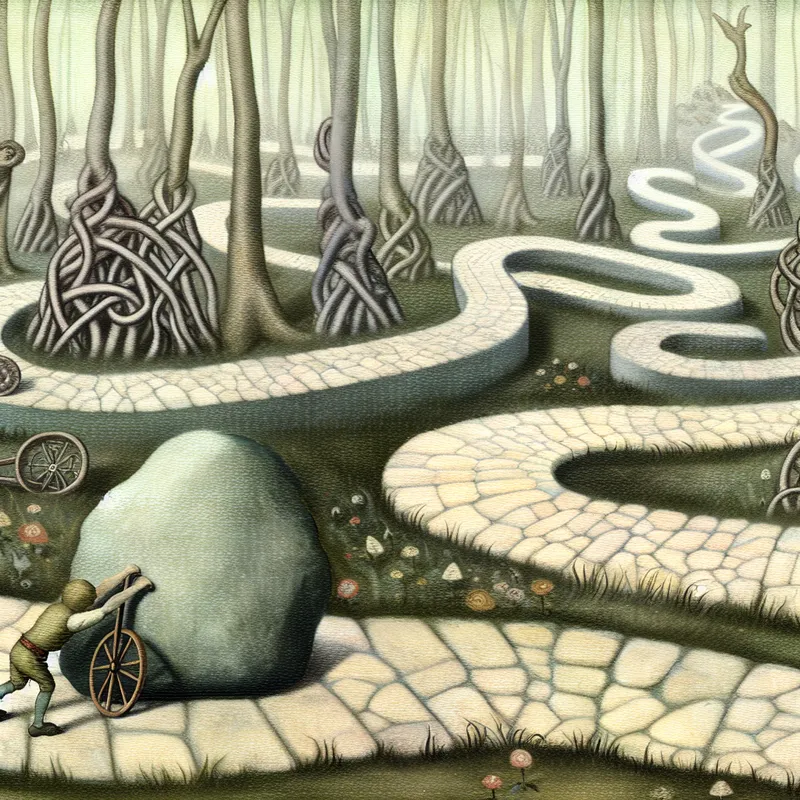 Kleine gefrustreerde figuur duwt tegen een enorme onbeweeglijke rots op een eindeloos kronkelpad, symboliserend zinloze inspanning zonder resultaat