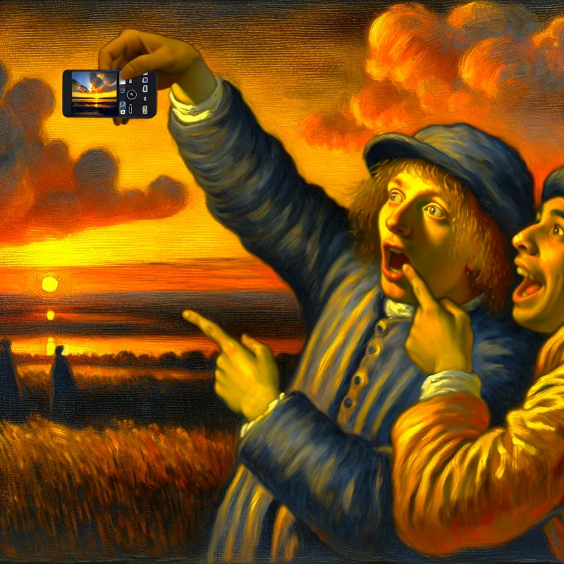 Twee vrienden bewonderen een uniek ontworpen smartphone tijdens een gouden zonsondergang, illustrerend het concept 'zo'n' of 'een dergelijk' voor taalonderwijs