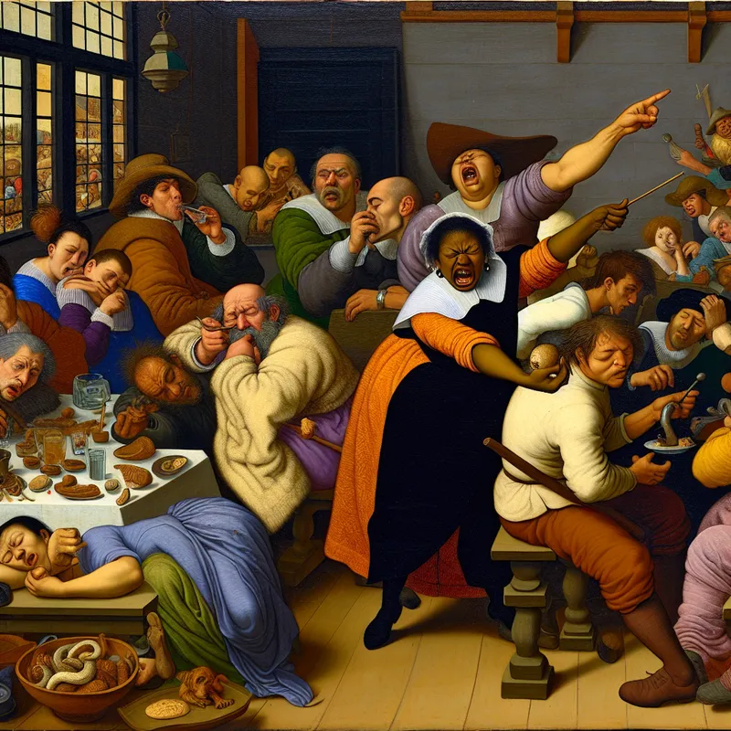 Chaotische teamvergadering in de stijl van Jan Steen, illustrerend het informele 'zo'n soort' met mensen die niet meedoen