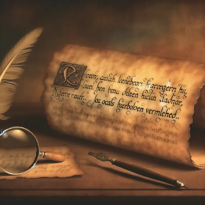 Ouderwetse perkamentrol met handgeschreven tekst 'zoals hierboven vermeld', quill pen en vergrootglas op houten bureau in nostalgische stijl