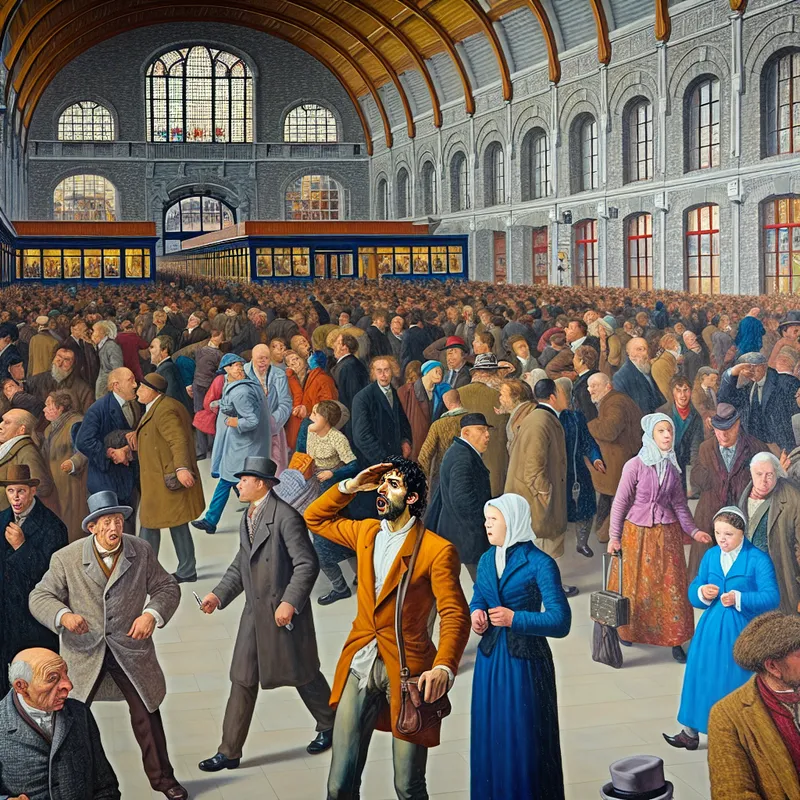 Drukke zaal met iemand in het midden die roept: 'Hallo! Heeft iemand mijn telefoon gezien?'